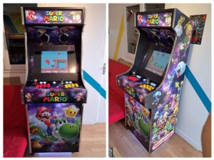 Borne d'arcade Mario Galaxy personnalisée, vues de face et de trois quarts