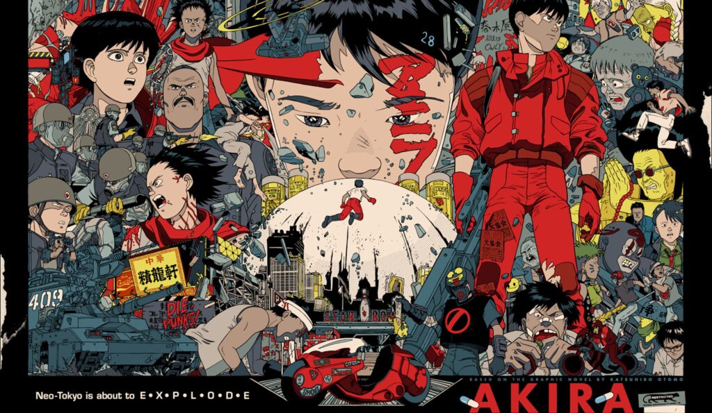 Illustration Akira avec moto et Neo-Tokyo pour borne arcade