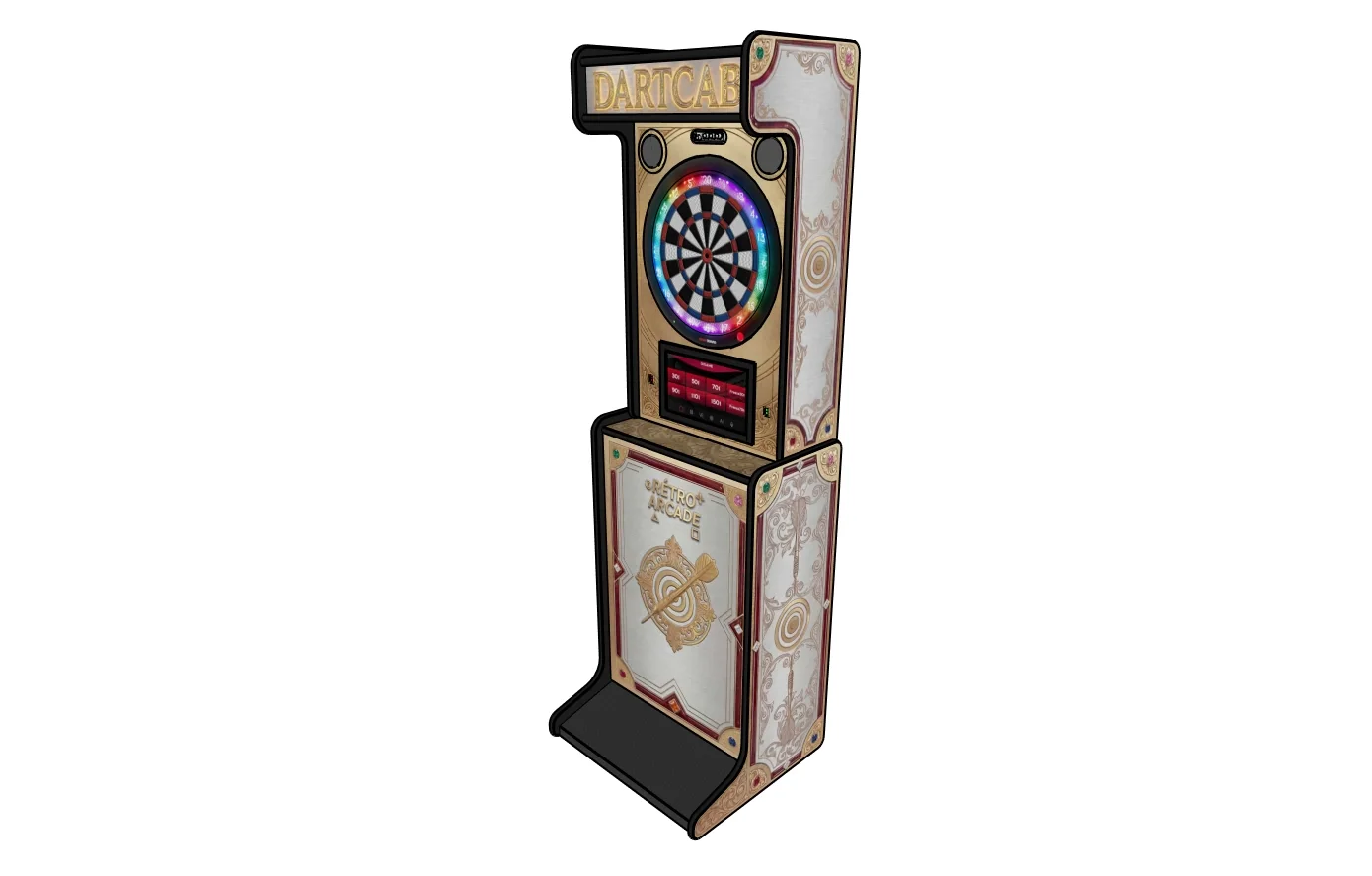 Vue 3D du Dartcab doré, borne de fléchettes électronique connectée