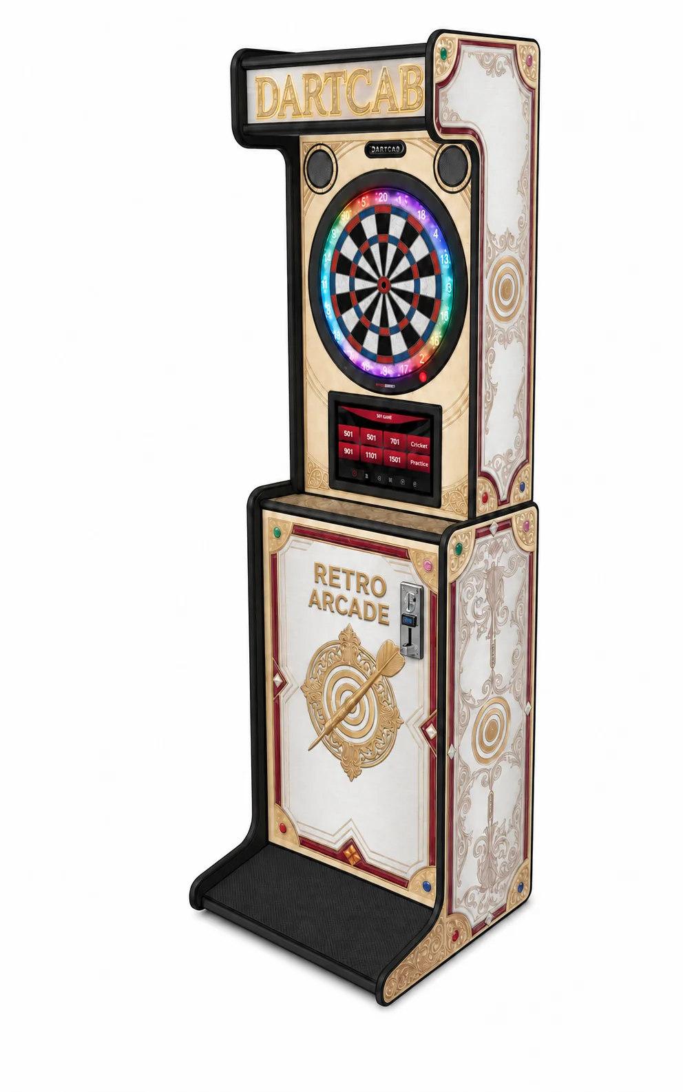 Vue 3D du Dartcab professionnel Doré avec monnayeur