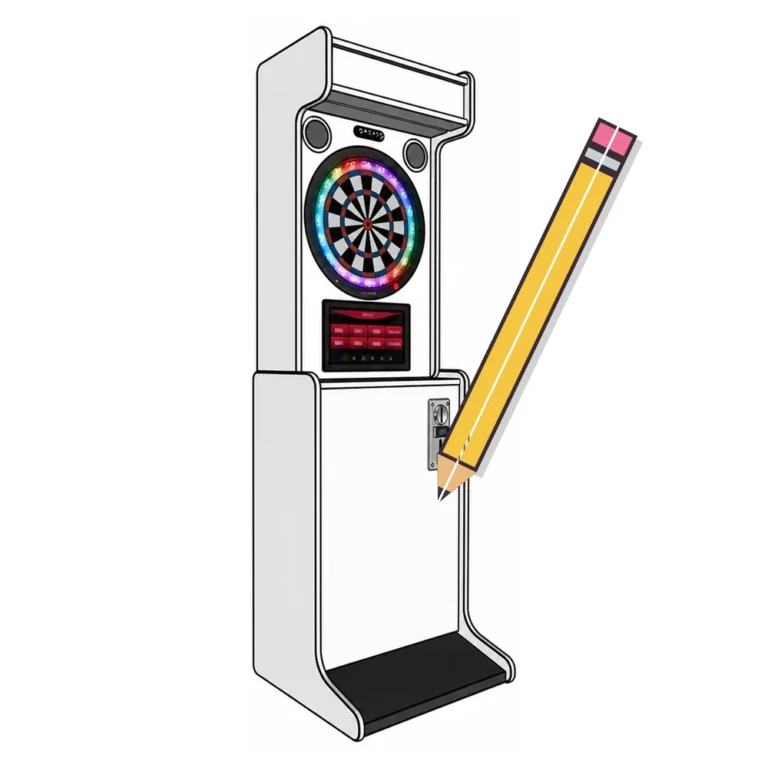 Dartcab professionnel personnalisable avec monnayeur et crayon pointant vers la zone de création