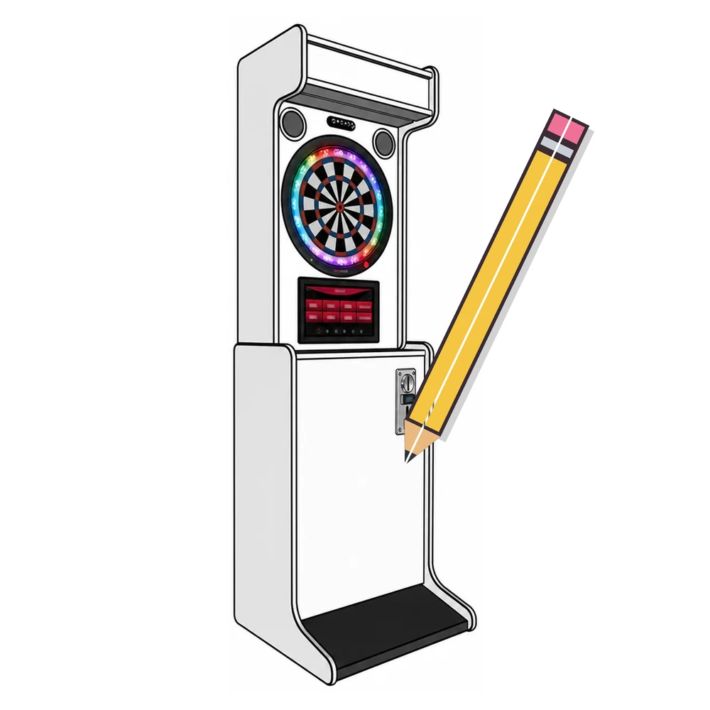 Dartcab professionnel personnalisable avec monnayeur et crayon pointant vers la zone de création