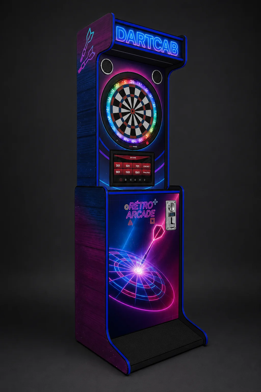 Dartcab professionnel Rétro Arcade avec monnayeur photographié en studio
